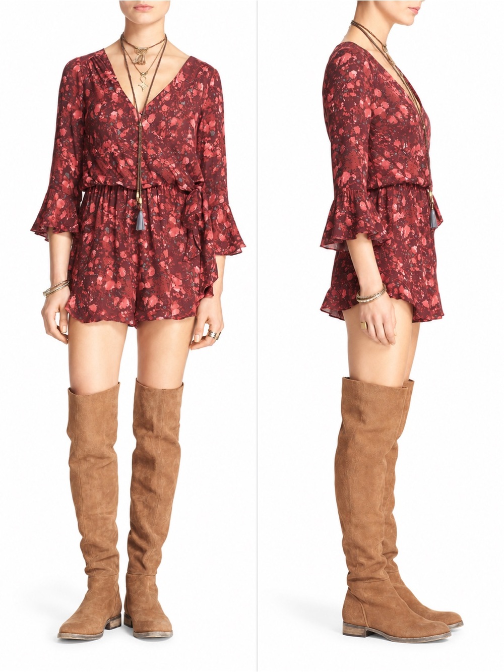 Free People All the Right Ruffles Floral Romper Berry Combo S